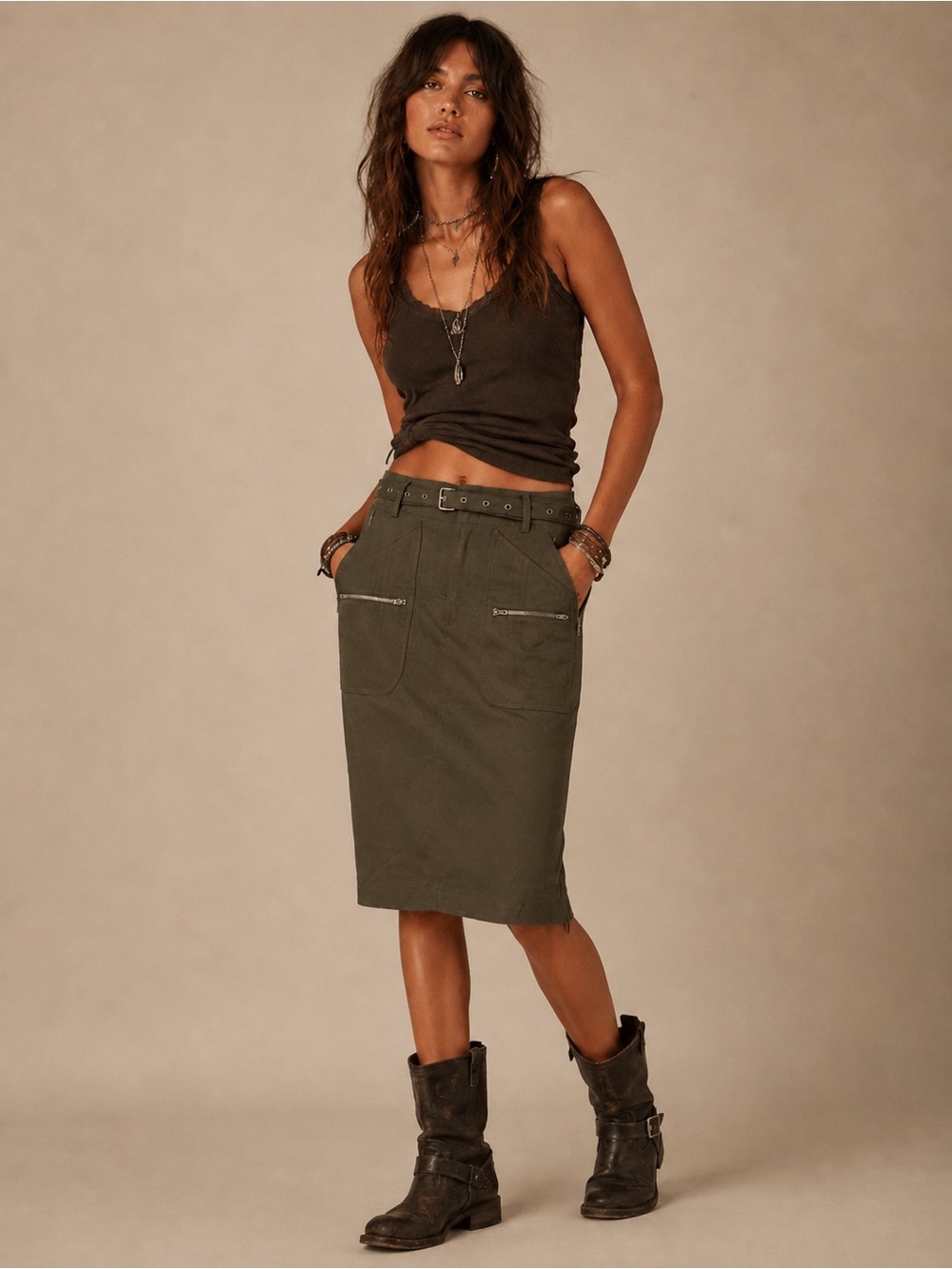 NWT Codes Combine Olive Brown Utility Pencil Skirt with Belt- Boho Grunge Chic